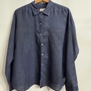 J Jill Navy Casual Linen Button-Down Size Medium